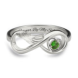 925 Sterling Silver/Gold Angel Wing Infinity Heart Birthstone Ring - Customizable, Perfect for Memorials & New Moms