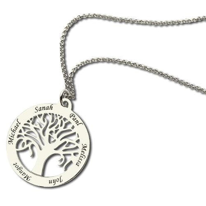 Silver necklace with a circular pendant featuring a tree design and engraved names: Michael, Sanah, Panl, Melissa, John, and Mandoz.