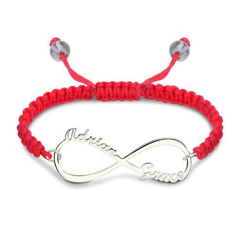 Silver infinity symbol bracelet with "Addison" and "Grace" engraved on a vibrant red macrame band