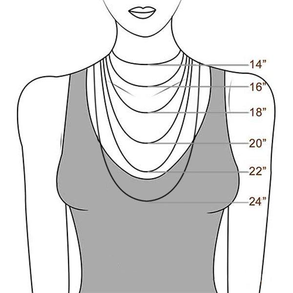 Diagram of a woman wearing necklaces of various lengths: 14", 16", 18", 20", 22", and 24", showing how each length falls on the body.