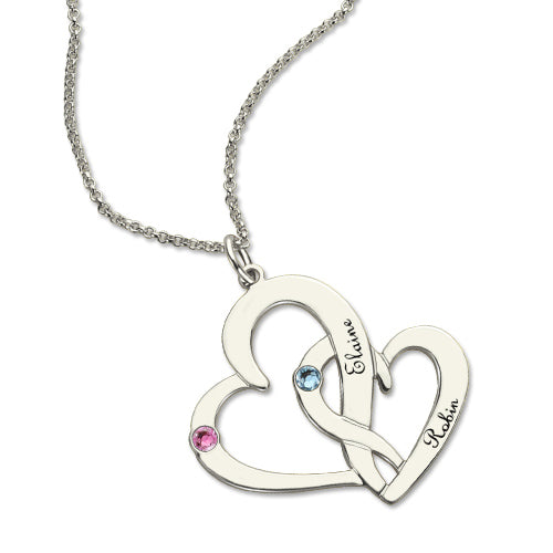 Interlocking 2 Open Hearts Necklace with Names & Birthstones