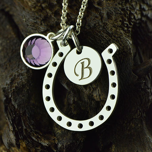 Horseshoe Good Luck Necklace with Initial & Birthstone Charm Sterling Silver