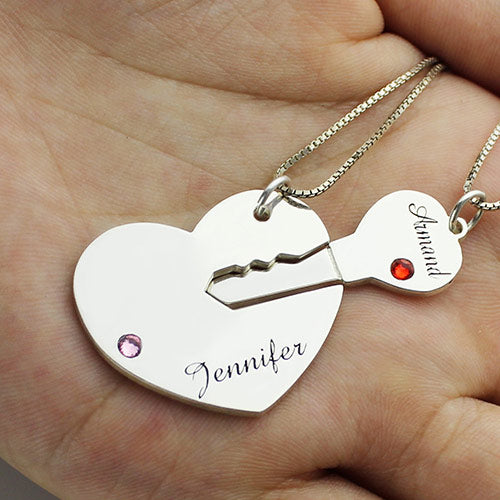 Personalized Unique Couple's Necklace Key to My Heart Name Pendant with Birthstone.