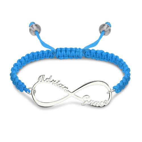 Silver infinity symbol bracelet with "Addison" and "Grace" engraved on a bright blue macrame band.