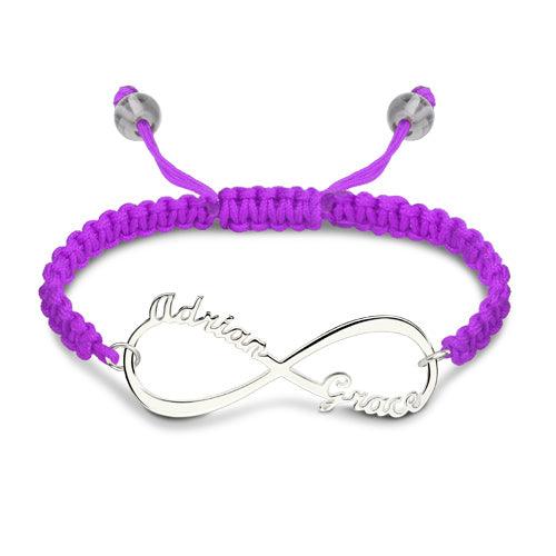 Silver infinity symbol bracelet with "Addison" and "Grace" engraved on a vivid purple macrame band.