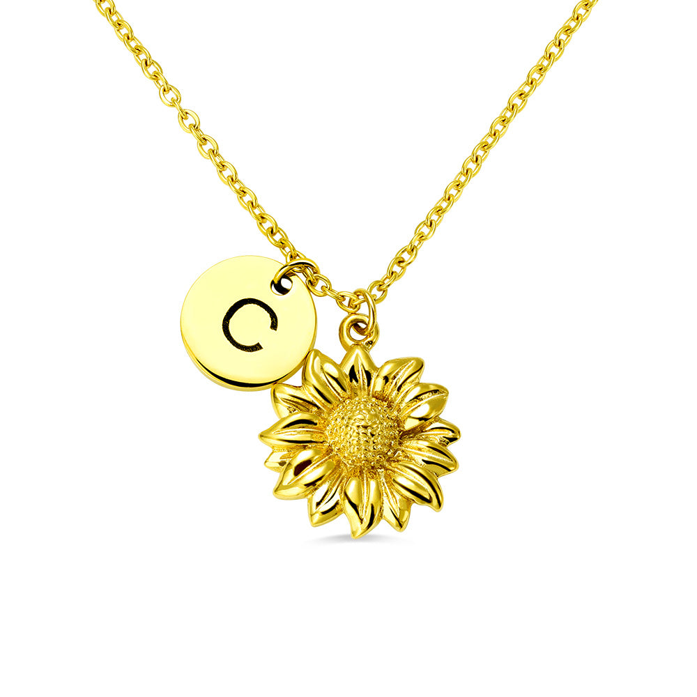 Personalized Sunflower Necklace with Initial | Sunflower Gifts Charm Necklaces | Antique Gold Sunflower Floral Jewelry | Monogram Initial Necklace