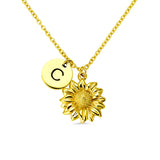 Personalized Sunflower Necklace with Initial | Sunflower Gifts Charm Necklaces | Antique Gold Sunflower Floral Jewelry | Monogram Initial Necklace
