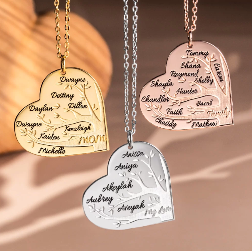 Custom Engraved Heart Necklace | Personalized Kids Name Necklace | Family Tree Necklace for Mom | Mothers Day Gift | Multiple Name Necklace