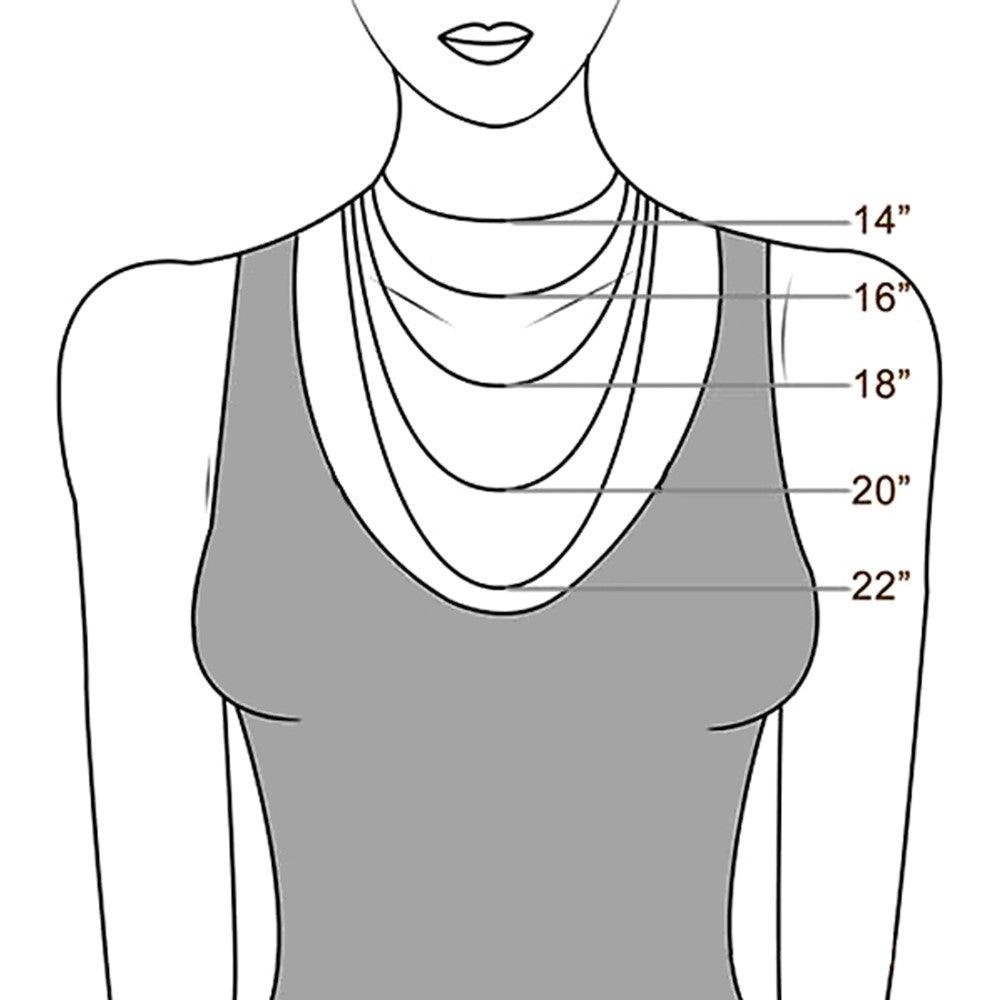 A diagram of a woman wearing necklaces of various lengths, labeled 14", 16", 18", 20", and 22", to show how different chain lengths fall on the chest.