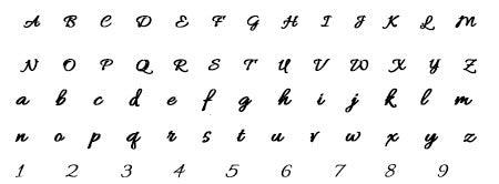 A chart displaying a cursive font with uppercase and lowercase letters from A to Z, and numbers from 1 to 9, arranged in three rows.