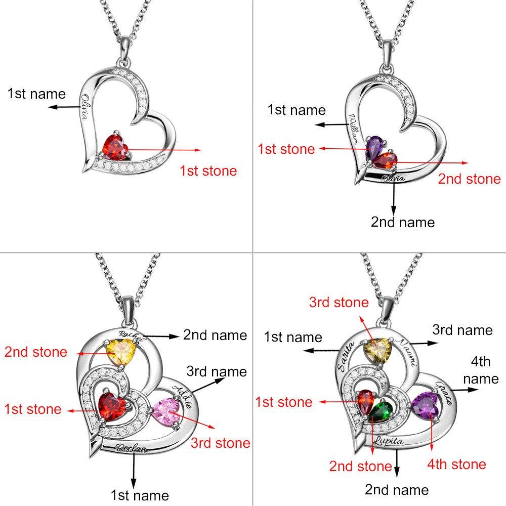 Four heart-shaped pendants with colorful gemstones and engraved names, each labeled to indicate the order of the names and stones, displayed in a diagram.