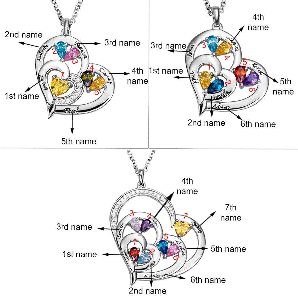 Three heart-shaped pendants with colorful gemstones and engraved names, each labeled to indicate the order of the names from 1st to 7th, displayed in a diagram.