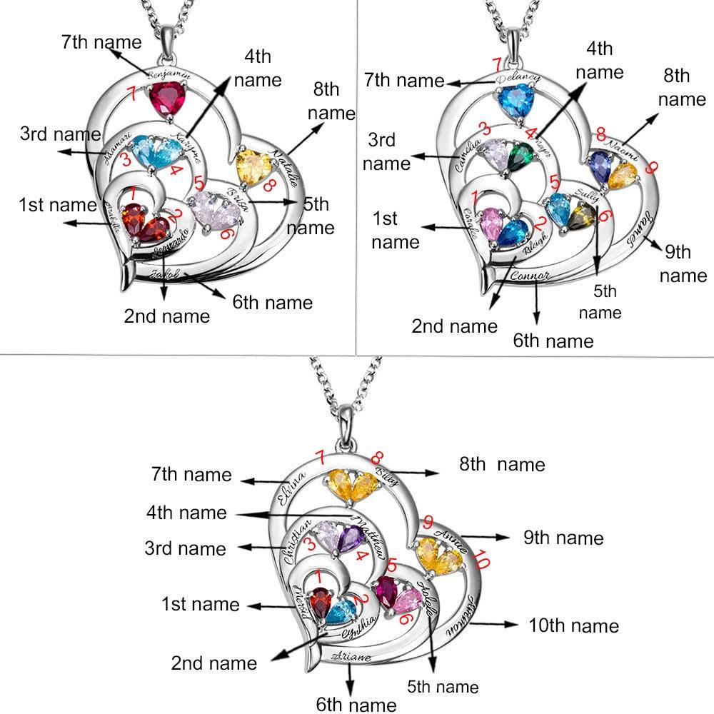 Three heart-shaped pendants with colorful gemstones and engraved names, each labeled to indicate the order of the names from 1st to 10th, displayed in a diagram.
