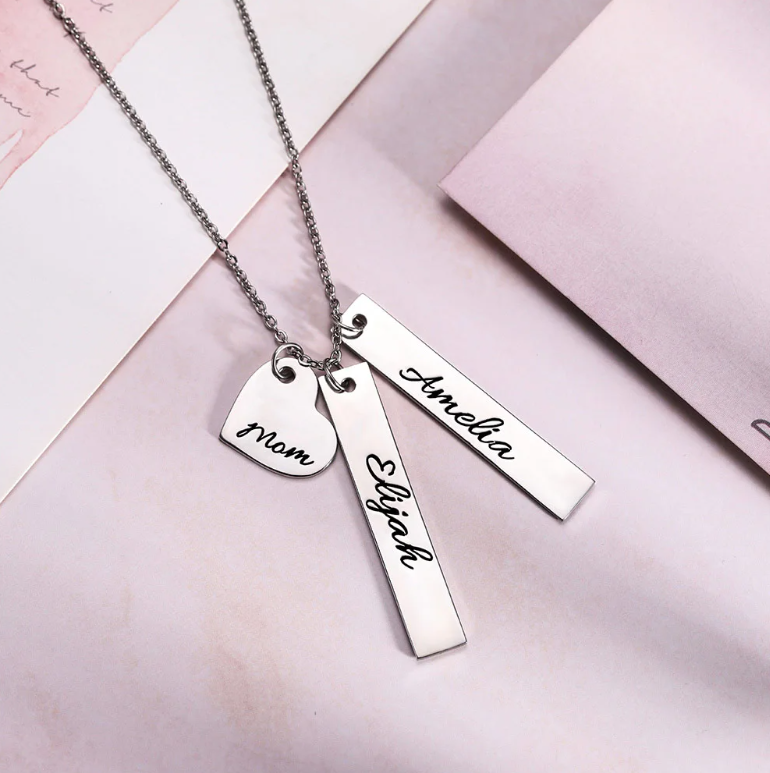 Personalized Double Vertical Bar Name Necklace | Custom Engraved Date Name and Initials | Coordinates Name Heart  Bar Family Necklace