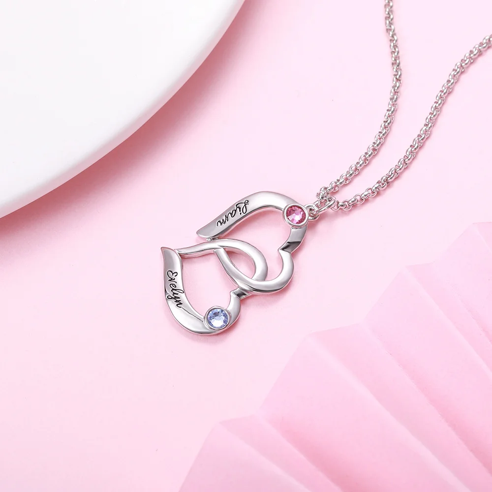 Dainty Heart Necklace, Double Heart Intertwined Necklace, Personalized Kids Name Necklace, Linked Love Hearts Birthstone Necklace, Gift for Her