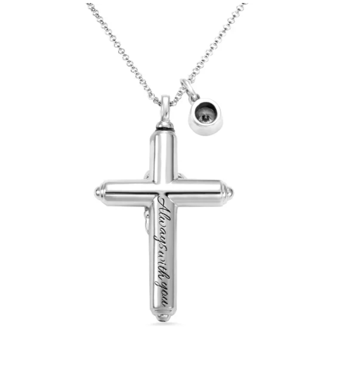 Silver cremation cross necklace with 'Always with you' inscription and a small spherical pendant.