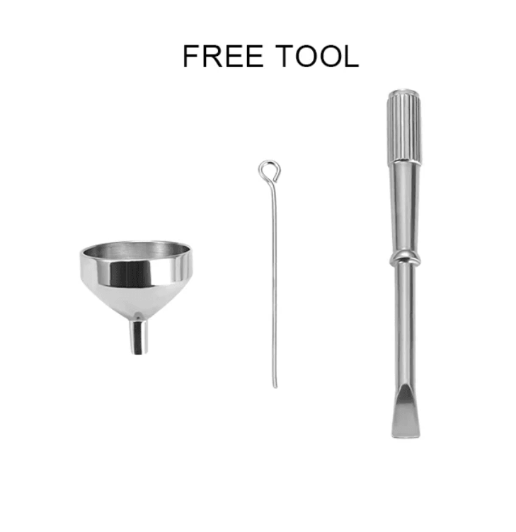 Tools for filling cremation jewelry: a metal funnel, a tamper tool, and a small pick, labeled 'FREE TOOL'.