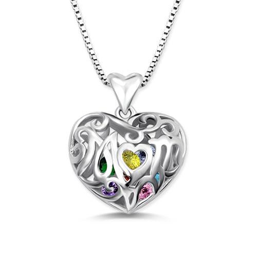 Silver open heart pendant with "Mom" inscribed, featuring colorful birthstones inside, on a box chain necklace.
