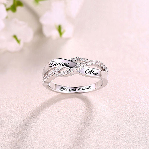 Silver Diamond Promise Ring | Twisted Infinity Ring | Couples Name Ring | Custom Engraved  Eternity Twist Band Ring | Wedding Ring