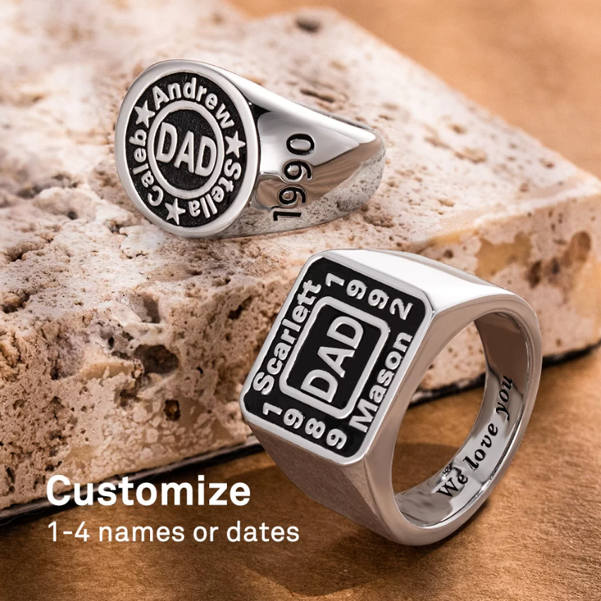 Personalized Men Signet Rings | Fathers Day Gift | Custom Engraved 1-4 Names Gift for Dad | Square Signet Ring with Kids Name