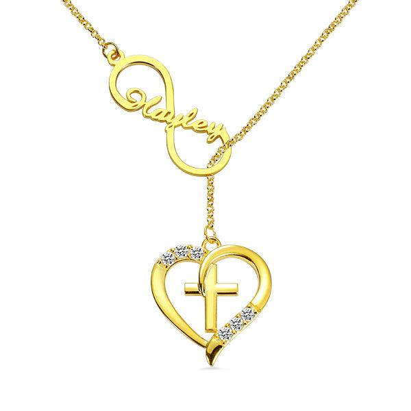 Gold Infinity Heart Name Necklace with Custom Birthstone, featuring a heart and cross design, personalized with the name "Hayley" and sparkling birthstones.