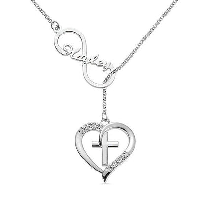 Silver Infinity Heart Name Necklace with Custom Birthstone, featuring a heart and cross design, personalized with the name "Hayley" and sparkling birthstones.