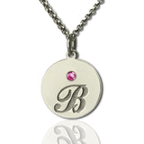 Engraved 3 Initials & Birthstones Disc Charm Necklace.