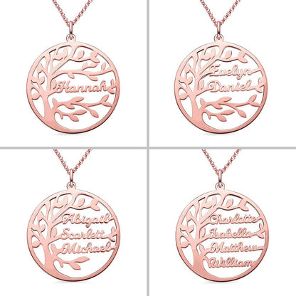 Four rose gold necklaces with round pendants, each featuring a tree design and names: "Hannah," "Evelyn Daniel," "Abigail Scarlett Michael," and "Charlotte Isabella Matthew William."