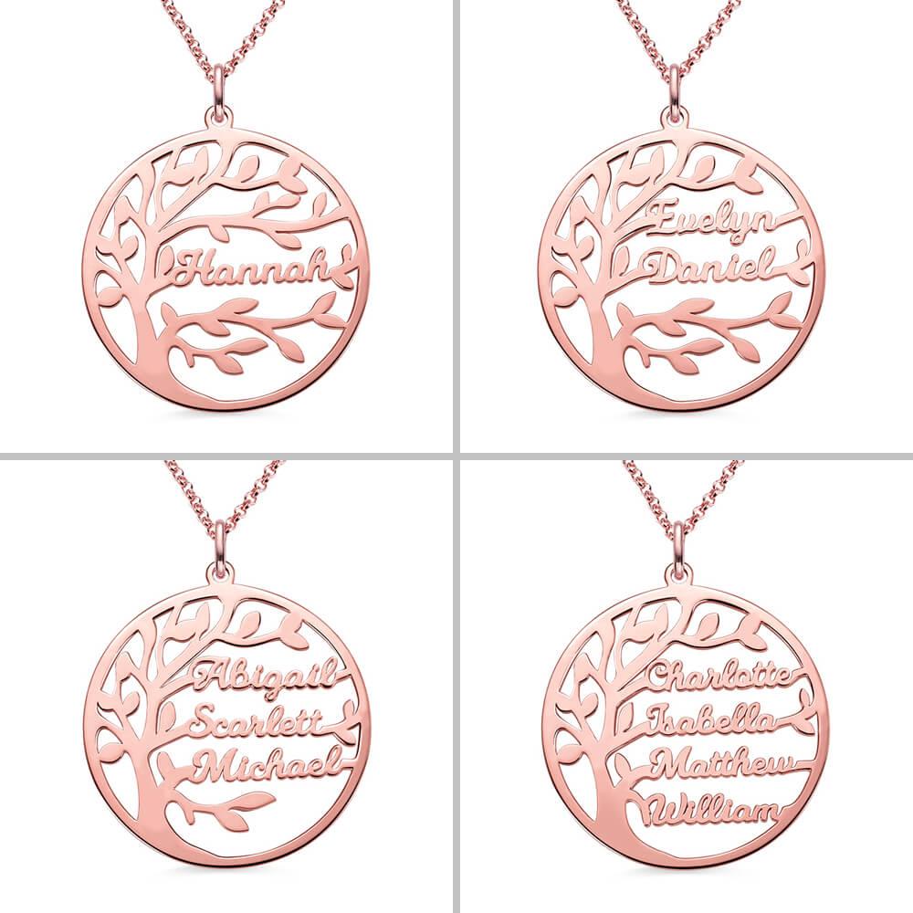 Four rose gold necklaces with round pendants, each featuring a tree design and names: "Hannah," "Evelyn Daniel," "Abigail Scarlett Michael," and "Charlotte Isabella Matthew William."