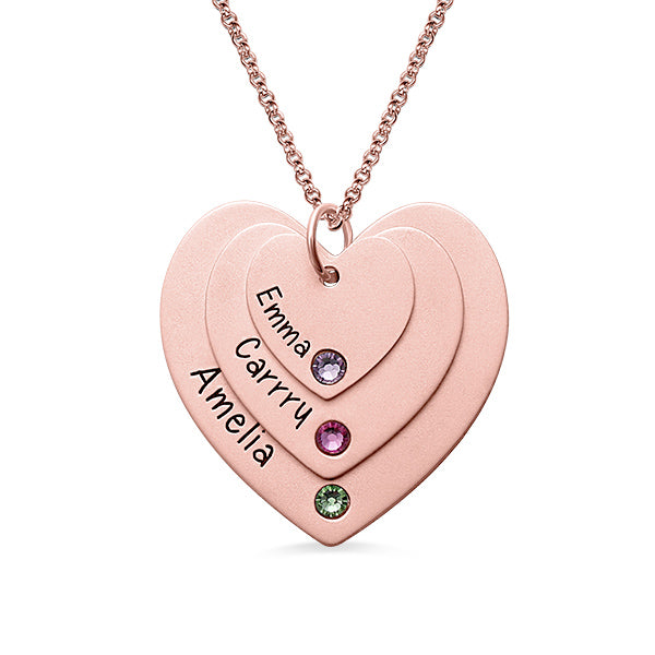 Custom Heart Necklace, Triple Heart Necklace With Birthstones, Mother Jewelry, Family Necklace for Mom with Engraved Kids Names, Mother's Day Gift