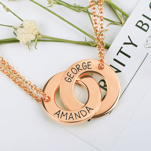 Engraved Interlocking Two Circle Necklace Rose Gold
