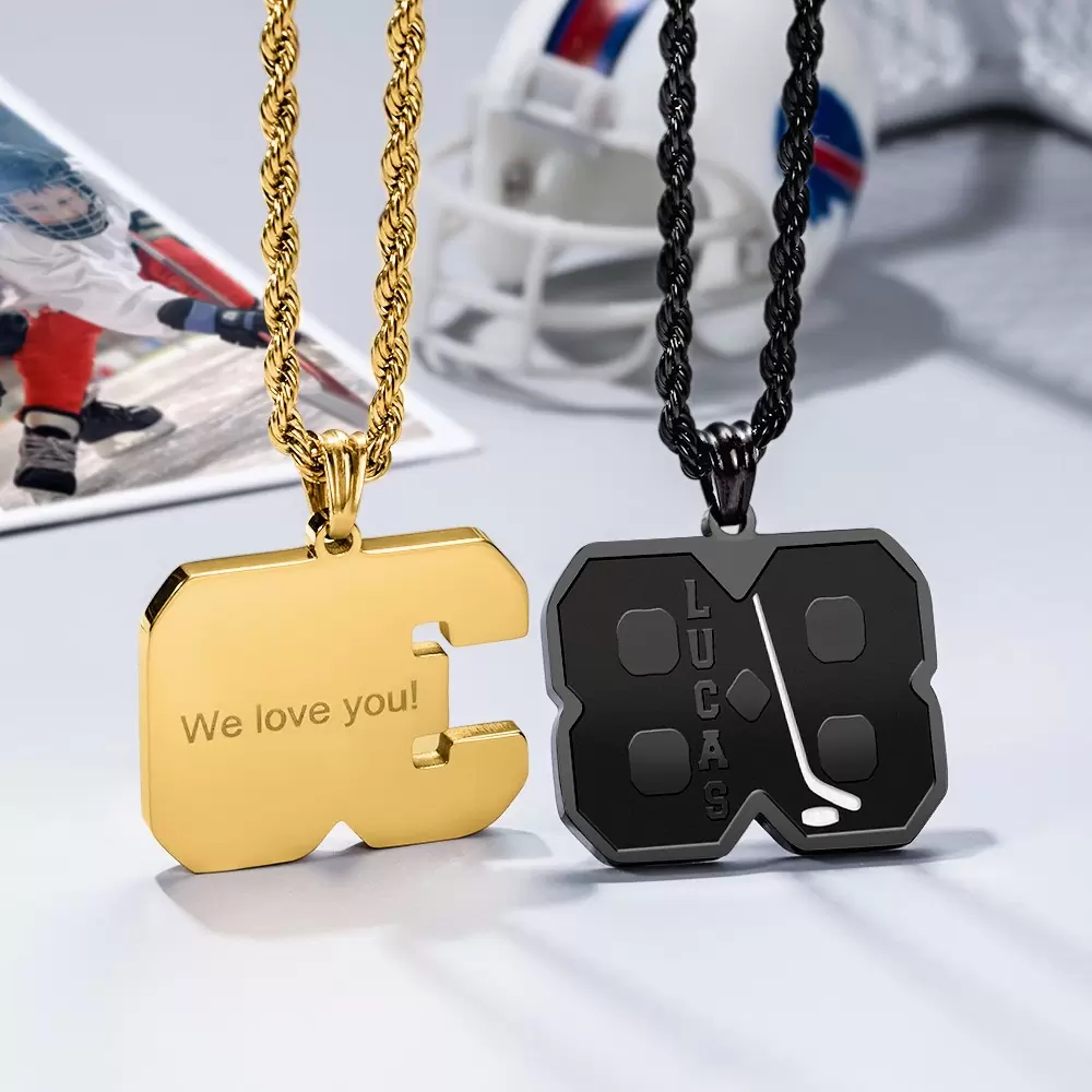 Personalized Ice Hockey Jersey Name and Number Pendant Necklace - Hypoallergenic Stainless Steel Custom Gift for Sports Fans