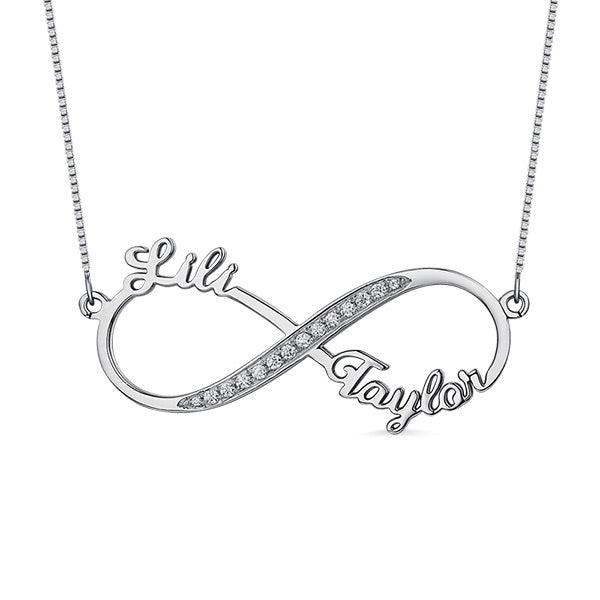 Personalized Infinity Necklace in Sterling Silver 925 with Sparkling Diamonds, featuring the names "Lili" and "Taylor" elegantly displayed on each loop.