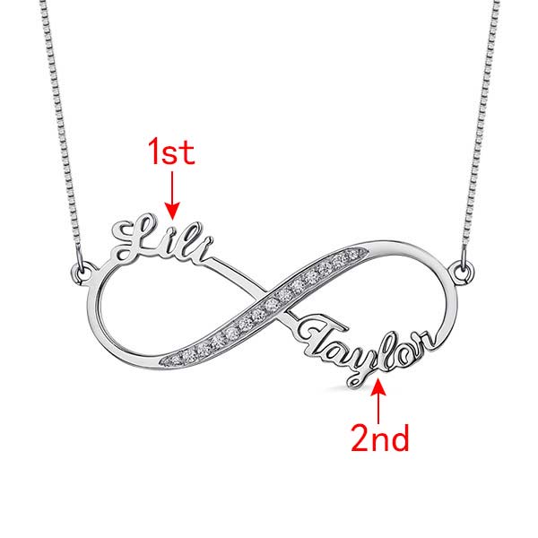 Personalized Infinity Necklace with Sparkling Diamonds in Sterling Silver 925, featuring the names "Lili" and "Taylor" with labeled positions for customization.