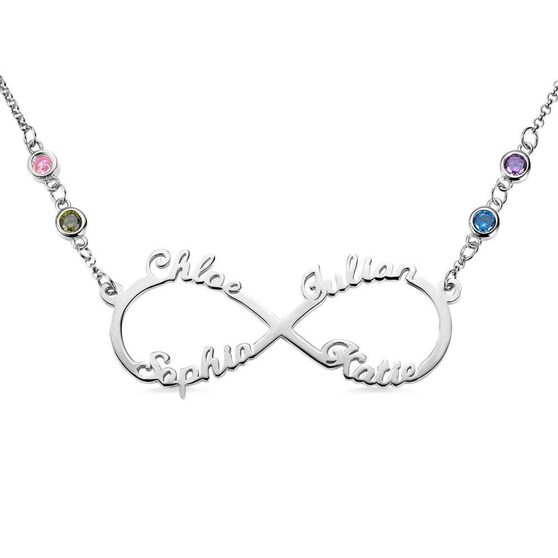 A silver infinity necklace featuring four names: Chloe, Julian, Sophia, and Katie, adorned with four gemstones of different colors along the chain.