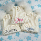 Custom Name Pom Pom Baby Hat - Newborn & Kids Double Pompom Knitted Winter Cap - Lightweight & Cozy Faux Fur Beanie - Ideal Baby Shower Gift