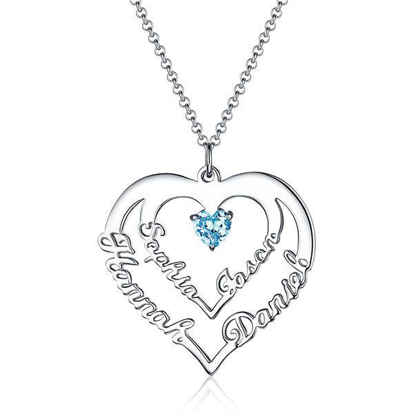 Personalized Heart Necklace with 4 Names & Birthstones in Sterling Silver
