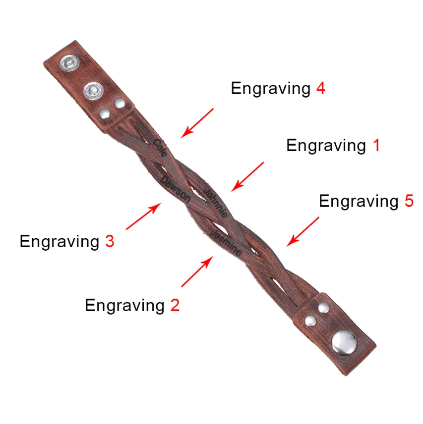 Leather bracelet with five engravings and silver snap buttons, labeled with red arrows.