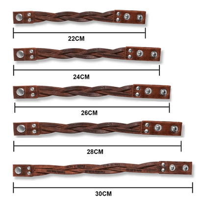 Sizes 22cm to 30cm of braided leather bracelets with silver buttons displayed in ascending order.