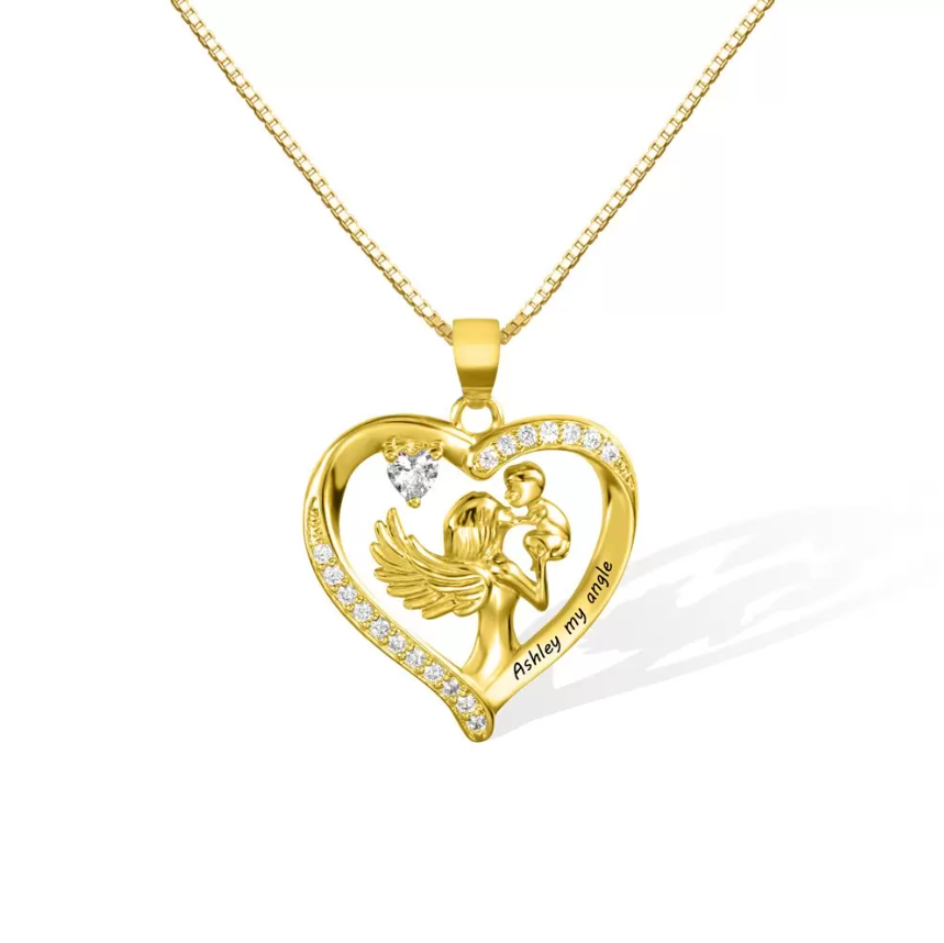 Mother and Child Angel Pendant Heart Necklace with Birthstone