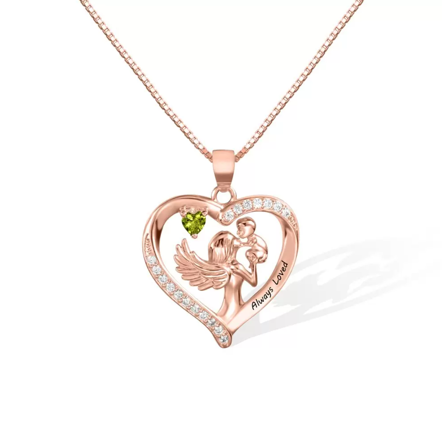 Mother and Child Angel Pendant Heart Necklace with Birthstone