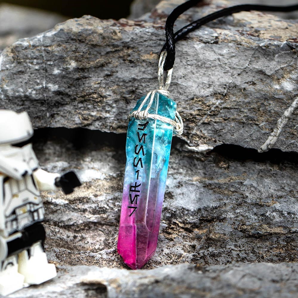Custom Kyber Crystal Necklace – Galactic Warrior-Inspired | Aurebesh Script Personalization | Unisex Lightsaber Crystal Pendant