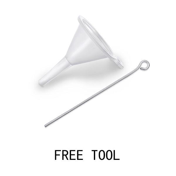 White plastic funnel and metal tamper tool for filling jewelry, labeled as 'FREE TOOL'.