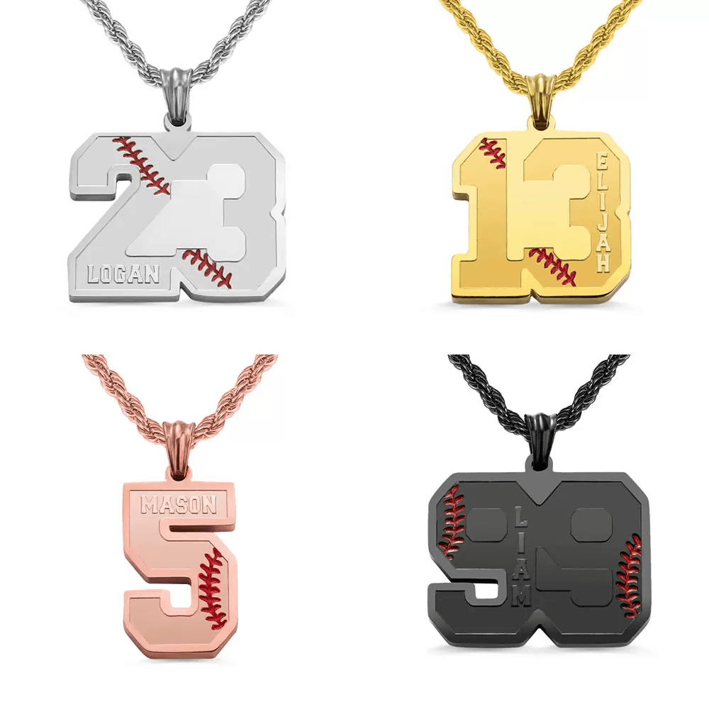Image of four customized baseball-themed number pendants: silver "23" for Logan, gold "13" for Elijah, rose gold "5" for Mason, and black "99" for Liam.