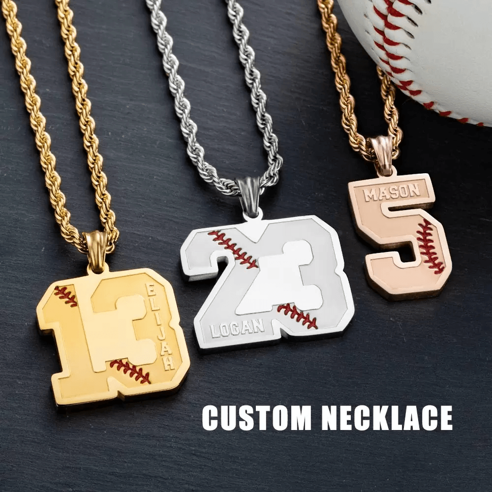 Three custom baseball-themed number pendants: gold "13" for Elijah, silver "23" for Logan, and rose gold "5" for Mason, displayed with chains next to a baseball.