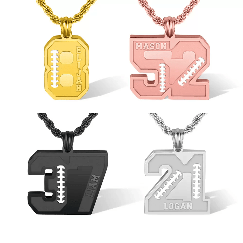 Image of four customized number pendants, each with a different name: Elijah (gold), Mason (rose gold), Liam (black), and Logan (silver).