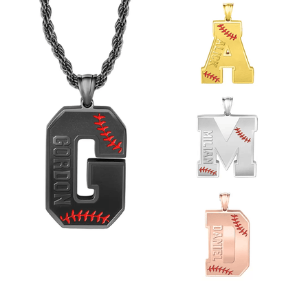 Four personalized baseball-themed pendants in different finishes: black "G" with red stitching, gold "A," silver "M," and rose gold "D," each with a name engraved.