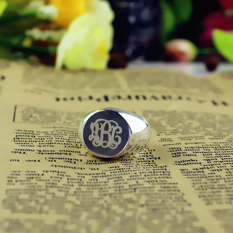 Custom Engrave Signet Monogram Ring | Personalize Sterling Silver Signet Ring | Initial Name Monogrammed Jewelry