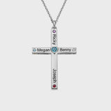 Cross Necklace | Custom Engraved Family Name and Birthstone Necklace | Multiple Names Cross Necklace Gift for Mom