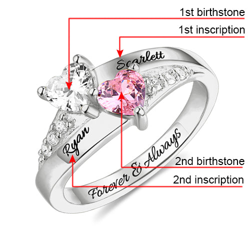 Personalized Sterling Silver Couple's Ring with Heart Birthstones - Romantic Custom Jewelry